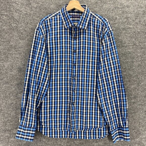 Marco Brunelli Men Dress Shirt XXL Blue Button Front Check Long Sleeve Collared - Picture 1 of 9